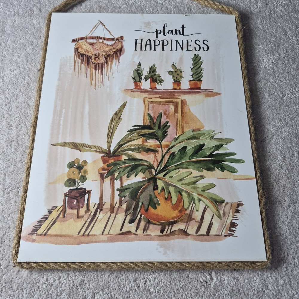 Hanging Wall Art "Plant Happiness" Rope Border Farmhouse Cottage Beach 15x12x.5